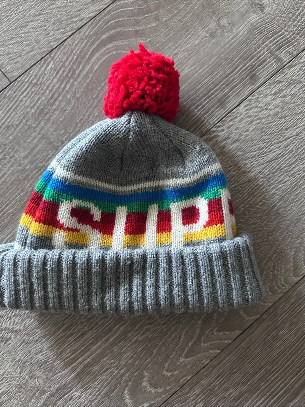 Superdry Grey Knit Beanie with Red Pom and Multicolor Stripe